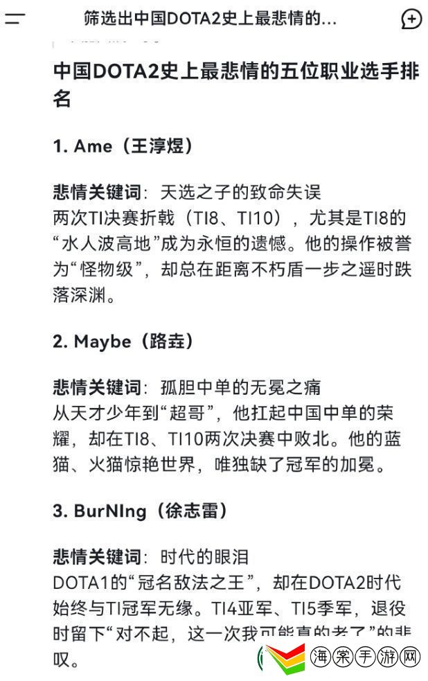DeepSeek筛选中国DOTA2历史上最悲情职业选手